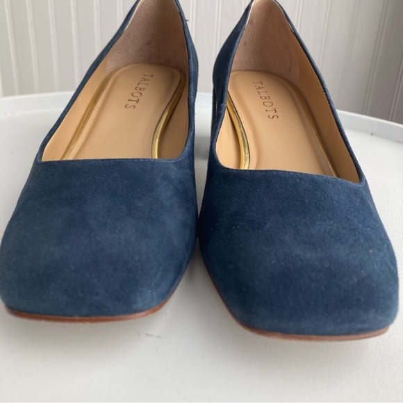 Talbots Indigo Blue Claire Block Heel Pumps Suede Gold Size 6M Women’s Shoes - Picture 13 of 16